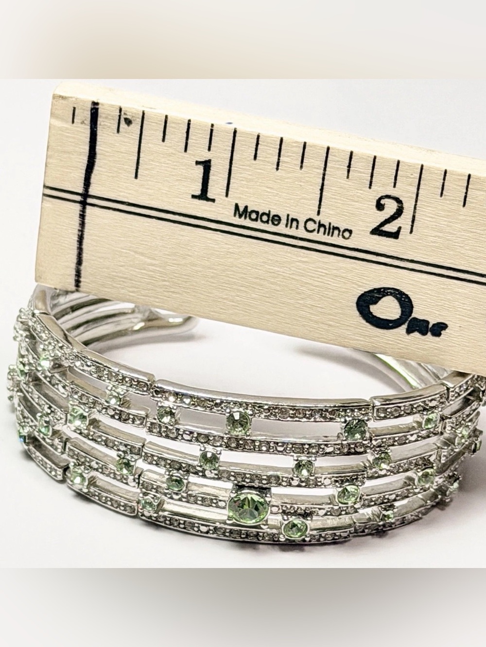 Monet Silver Tone Green Rhinestone Bracelet Wide Cuff Pave❗️1 Stone Missing - Picture 7 of 7